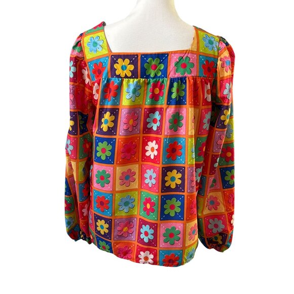 Retro-Inspired Floral Print Artsy Long Sleeve Blouse Multicolor Womens Small - Picture 3 of 10